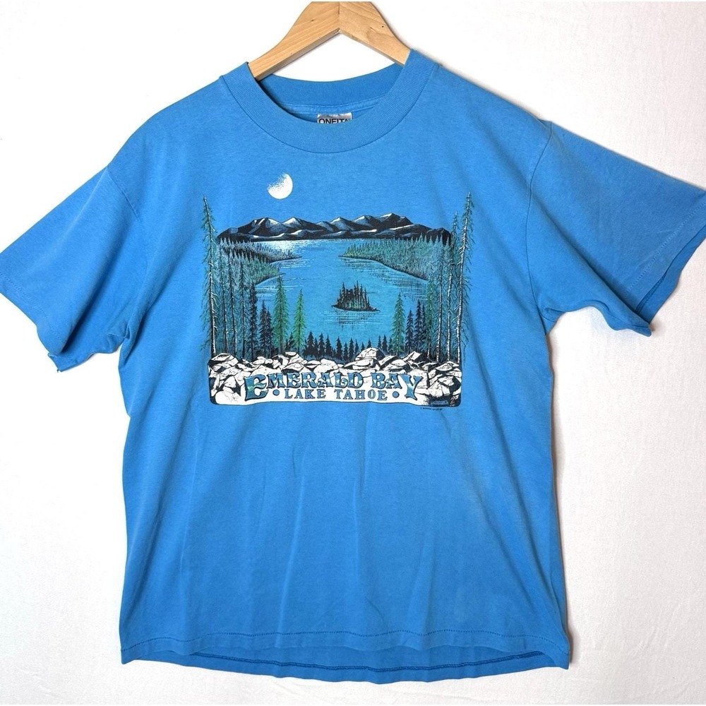 Vtg 80s Lake Tahoe T Shirt XL Mountain Emerald Single Oneita Nature Artist READ